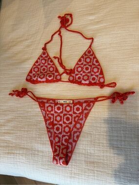 Mango Crochet Floral Triangle Bikini in Red and Pink